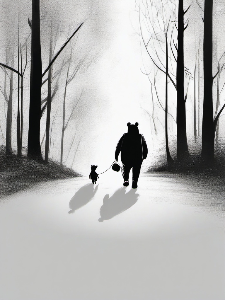 drawing of Winnie the Pooh and Piglet walking  minimal rough sketch scribbles,doodles,black and white