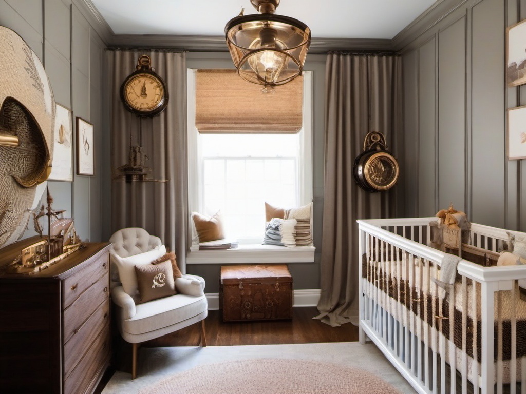 The nursery features steampunk interior design with soft textiles, whimsical decor, and vintage-inspired accents that create a charming and serene space for the baby.  