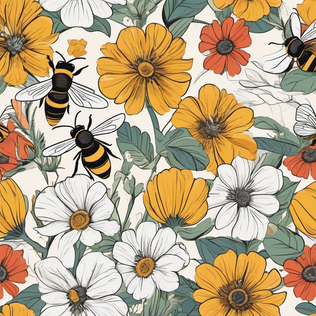 Bee clipart - Pollinator insect flying among flowers, ,color clipart vector style