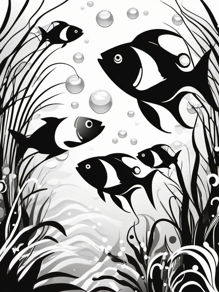 Clipart of Fish Black and White,Decorating a monochrome underwater-themed mural with clipart of fish black and white  simple, 2d flat