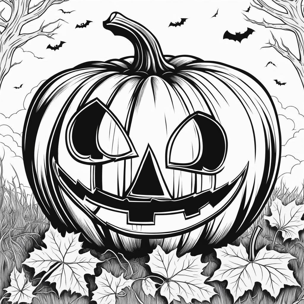 pumpkin coloring pages - a carved pumpkin with a spooky face glows at night. 