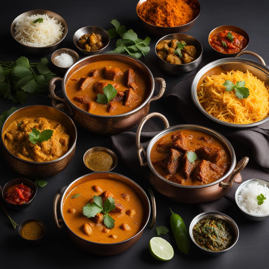 indian curry carnival - a diverse selection of curries featuring fragrant spices and tender meats. 