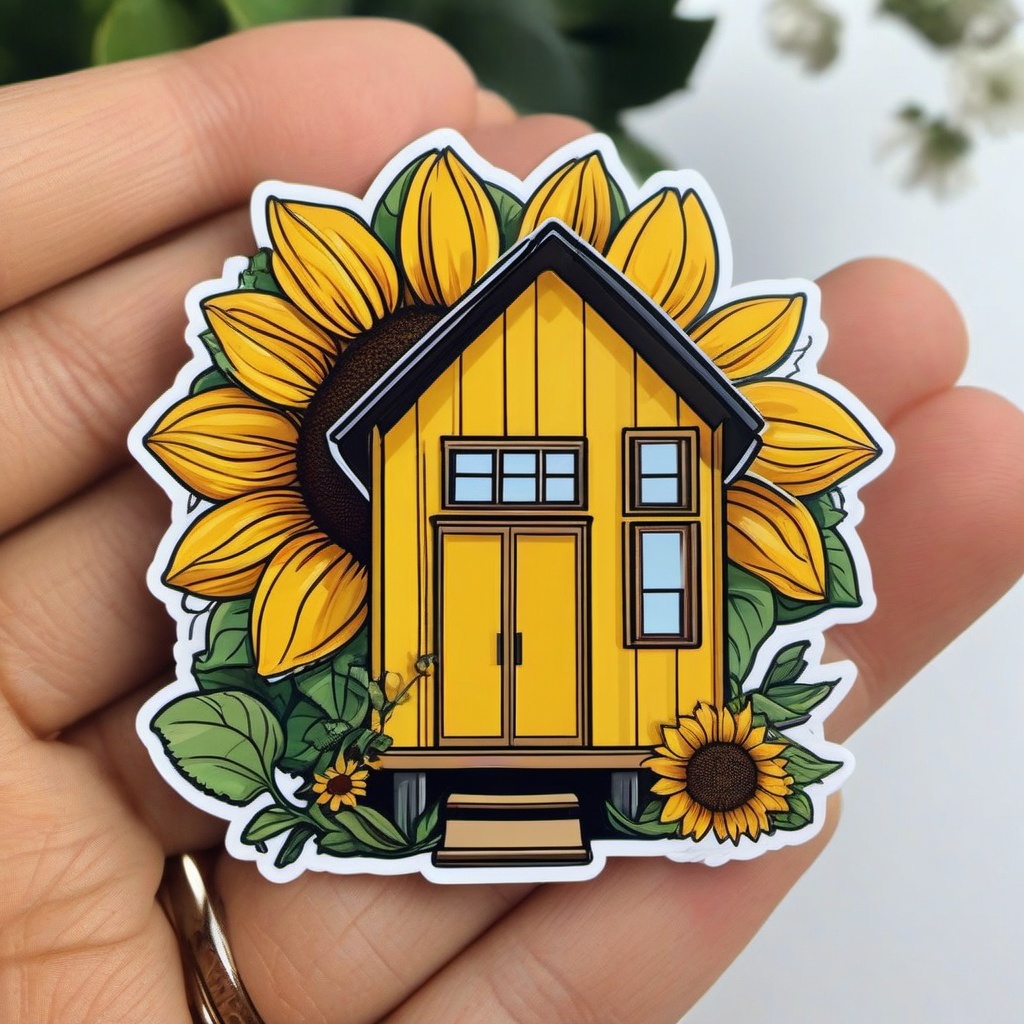 Sunflower Tiny House Sticker - Celebrate sustainable living with the sunny and sunflower-themed tiny house sticker, , sticker vector art, minimalist design