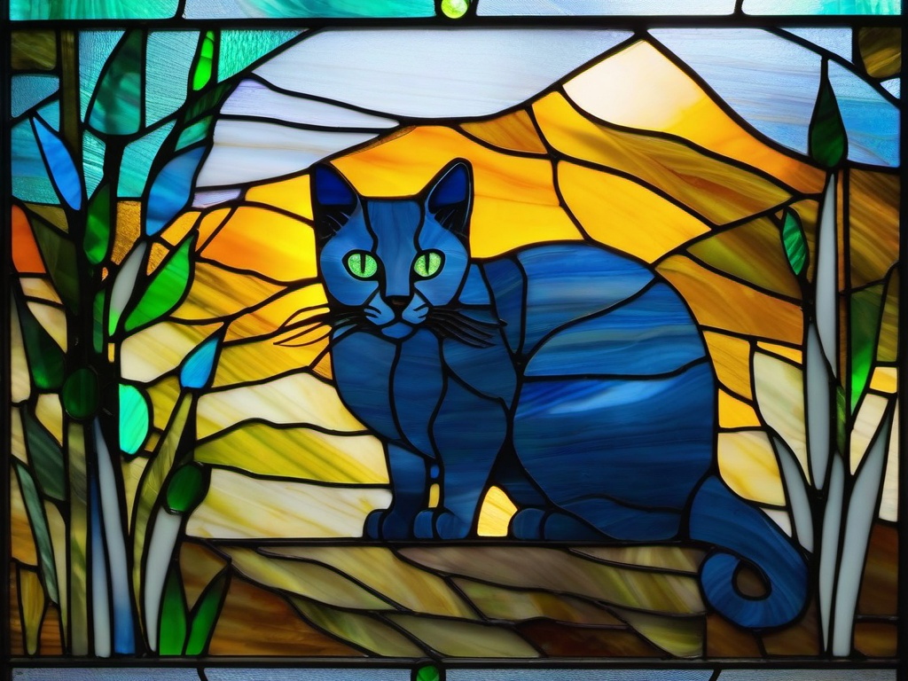 Stained Glass Russian Blue - Russian blue cat with green eyes  