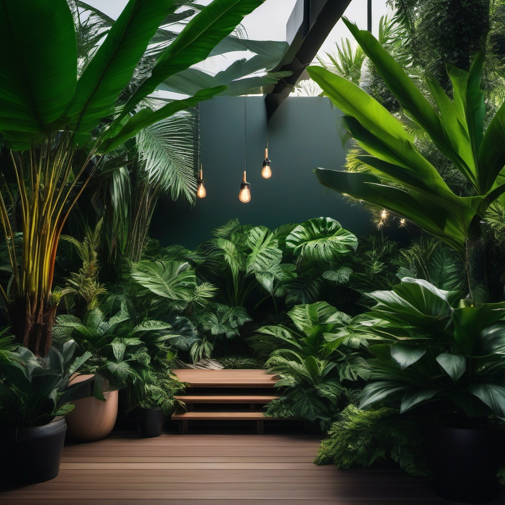 Modern Tropical Jungle - Create a modern garden with a lush tropical jungle theme. realistic, professional photography, bokeh, natural lighting, canon lens, shot on dslr 64 megapixels sharp focus