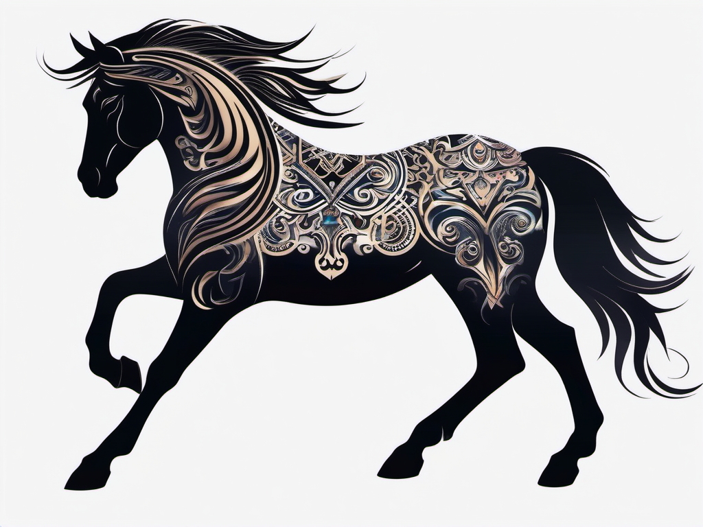 Dark Horse Tattoo-Mysterious dark horse with intricate tribal patterns and a moonlit atmosphere. Colored tattoo designs, minimalist, white background.  color tattoo style, minimalist, white background