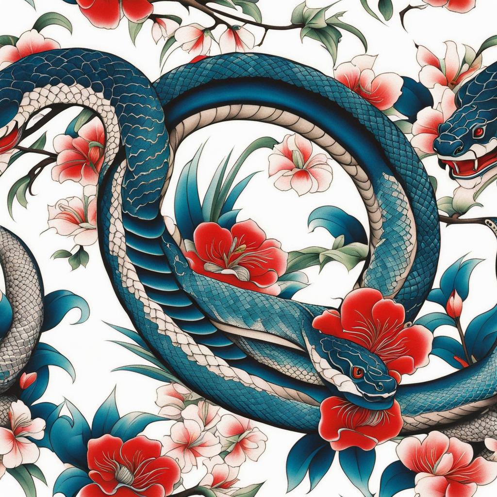 Tattoo Japanese snake, Tattoos featuring Japanese-style snake imagery. colors, tattoo patterns, clean white background