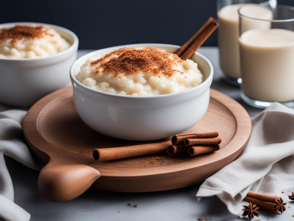 a serving of creamy rice pudding, flavored with vanilla and topped with a sprinkle of cinnamon. 