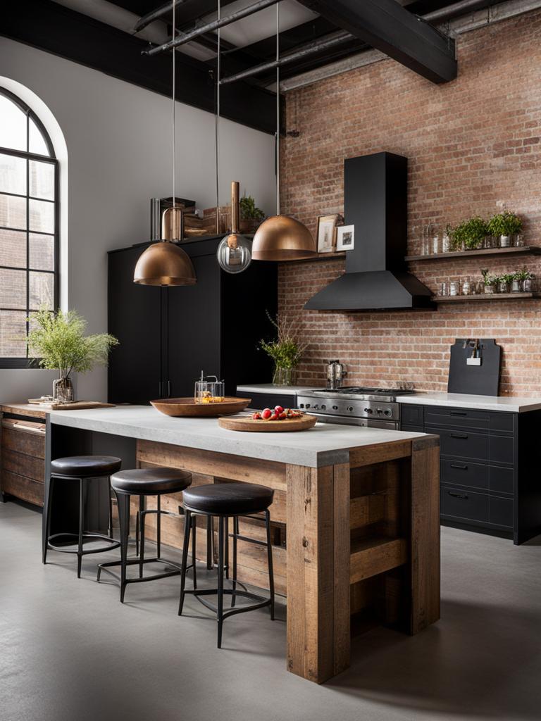 industrial loft kitchen with exposed brick walls and a reclaimed wood island. 