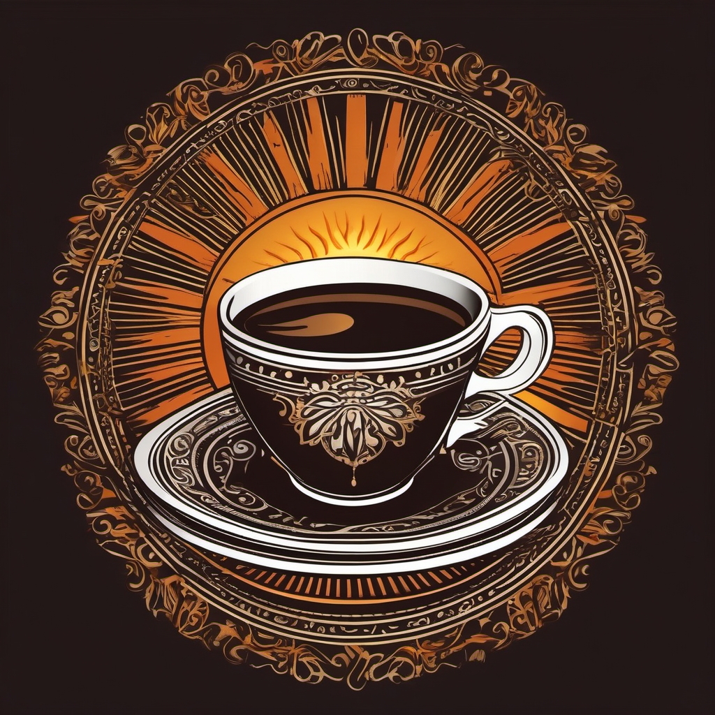 Coffee cup and sun design: Daily ritual under morning rays.  simple color tattoo style