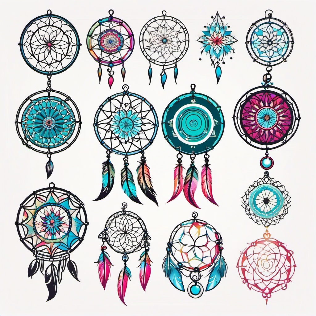 Colorful Dream Catcher Tattoos - Vibrant dream catcher tattoo designs with various colors.  simple vector tattoo,minimalist,white background