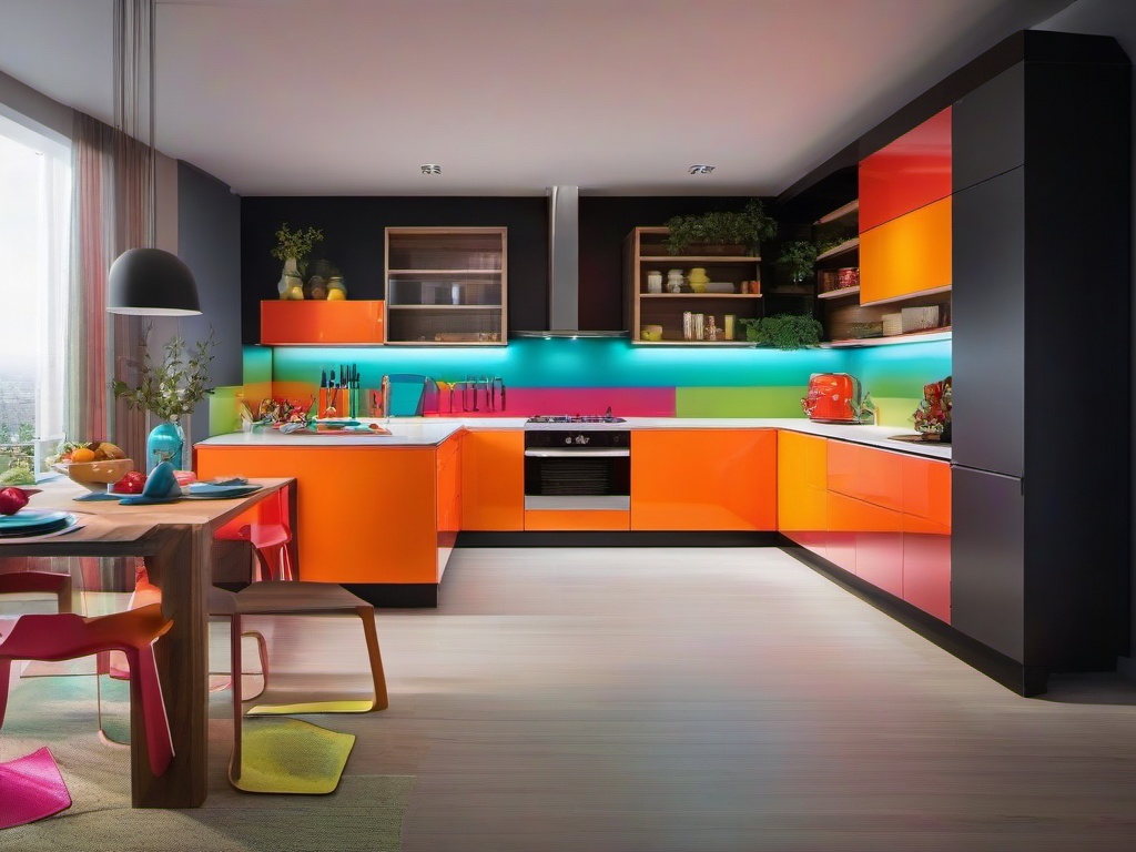 In the kitchen, psychedelic interior design includes bright cabinetry, funky backsplashes, and colorful appliances that turn cooking into a creative and vibrant activity.  