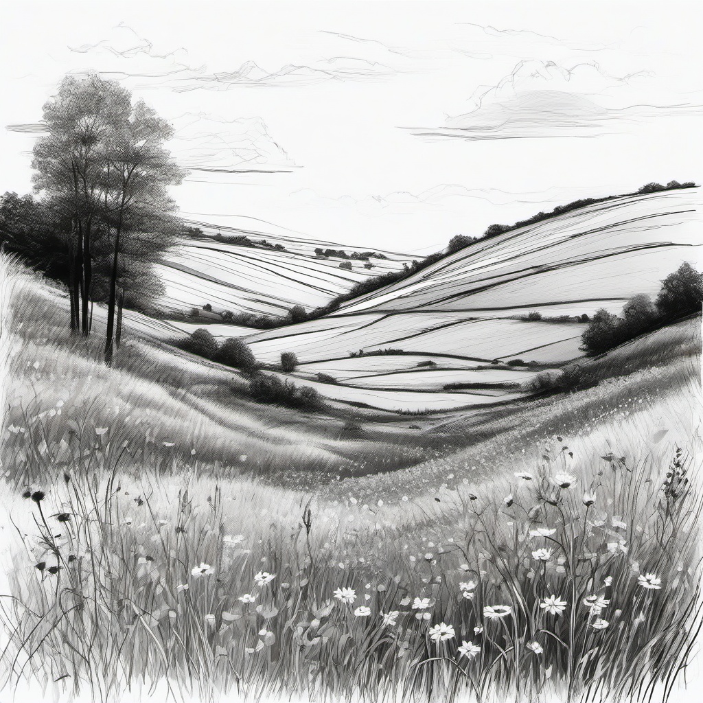 drawing of a landscape with wildflowers  minimal rough sketch scribbles,doodles,black and white