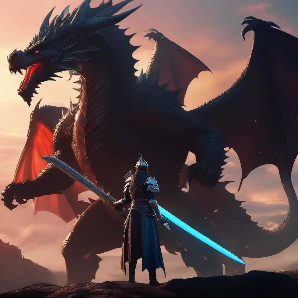 Heroic dragon slayer and valiant dragon slayer companion, bravely facing a colossal dragon in a medieval realm, swords raised for an epic battle, as a matching pfp for friends. wide shot, cool anime color style