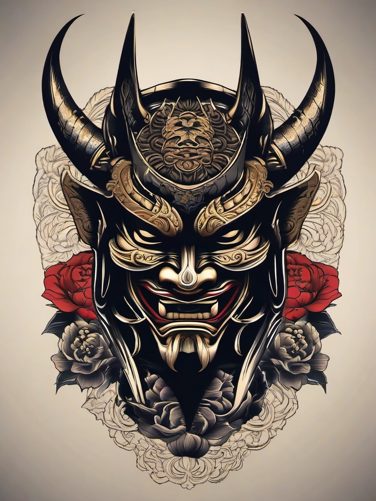 Samurai Hannya Mask Tattoo-Intricate and artistic tattoo featuring a samurai with a Hannya mask, capturing traditional and warrior aesthetics.  simple color vector tattoo