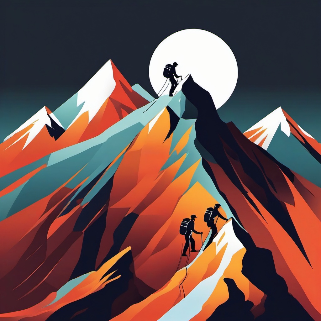 Mountain Climbing Ascent Clipart - Climbers ascending a mountain peak.  color vector clipart, minimal style