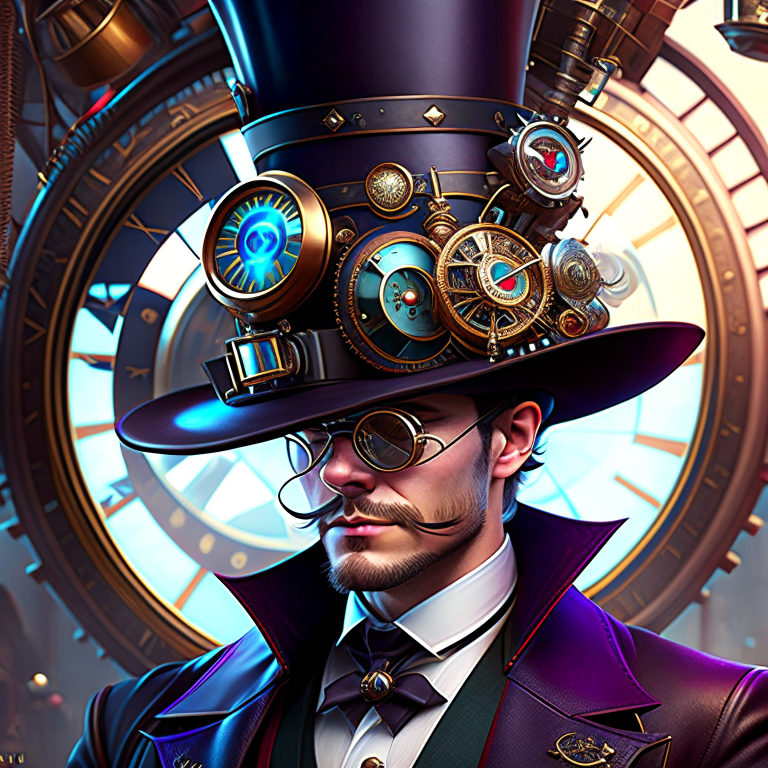 clockwork inventor with a top hat and monocle, surrounded by bizarre contraptions. 