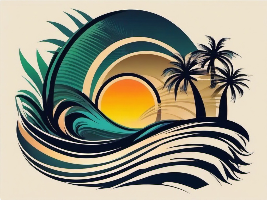 palm tree wave sun tattoo  simple vector color tattoo