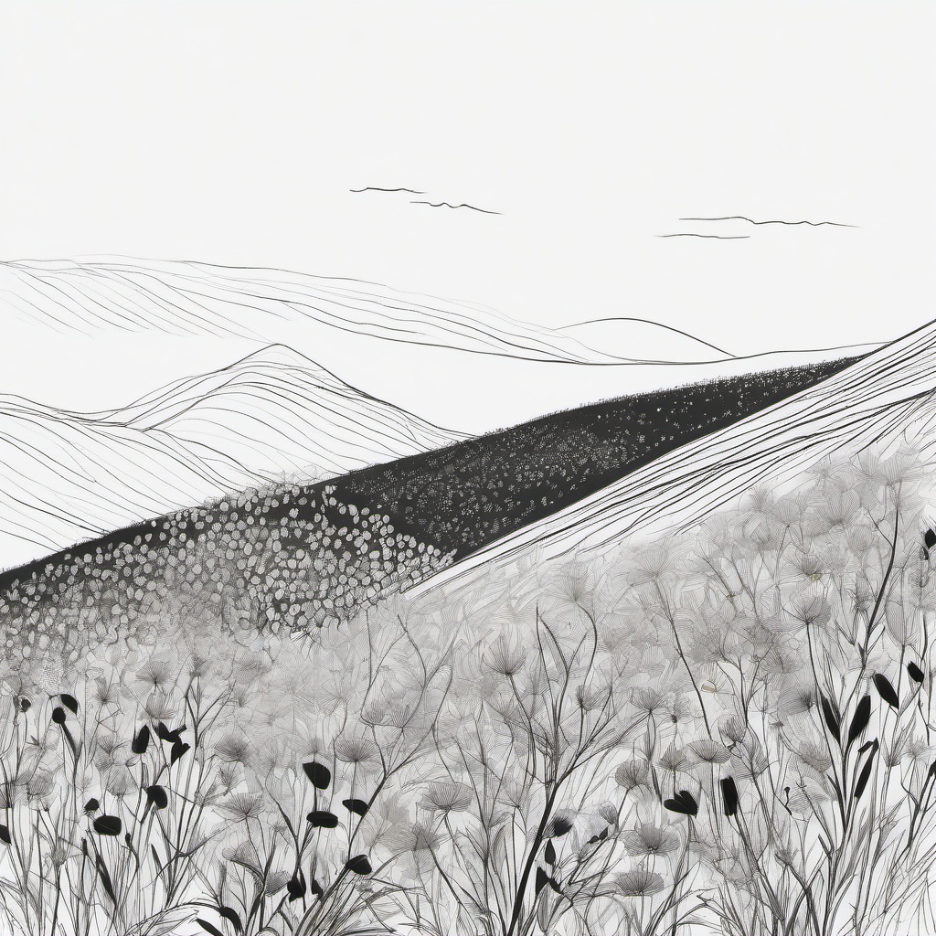 drawing of a hill with wildflowers  minimal rough sketch scribbles,doodles,black and white