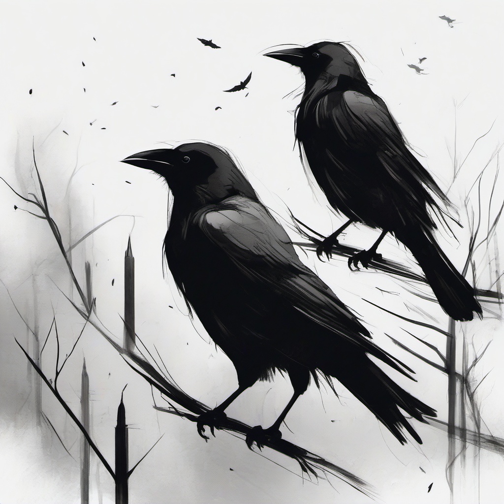 drawing of crows with an eerie atmosphere  minimal rough sketch scribbles,doodles,black and white