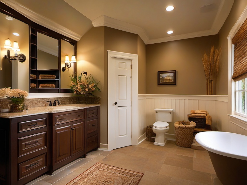 Country bathroom combines sturdy cabinetry, warm colors, and simple decorations to create a cozy atmosphere for relaxation.  