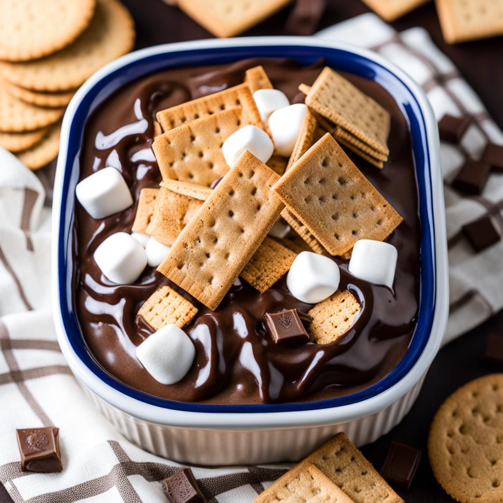 s'mores dip with melted chocolate, marshmallows, and graham crackers for dipping. 