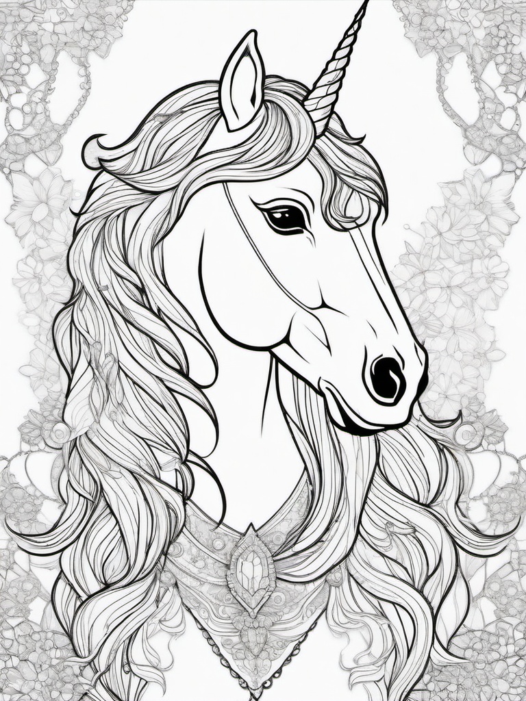 Unicorn and Crystal Coloring Pages - Mystical Unicorn with Glowing Crystals  minimal black outline printable sheet, coloring page