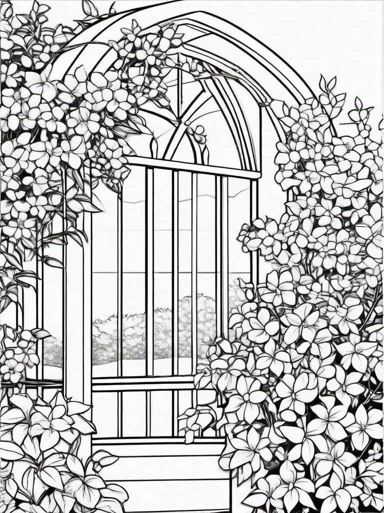 Jasmine coloring page sheet - Fragrant jasmine flowers climbing over a garden trellis.  black outline printable coloring page