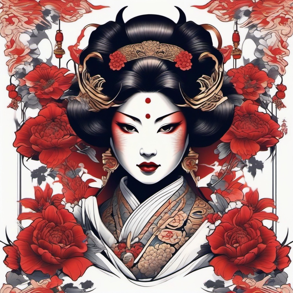 Geisha Demon Tattoo - Blends the elegance of a Geisha with demonic elements, creating a unique and symbolic tattoo design.  simple color tattoo,white background,minimal