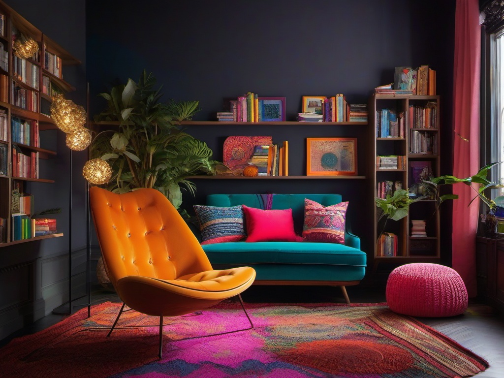 In the reading nook, psychedelic interior design highlights a cozy chair, vibrant cushions, and playful decor that create a perfect space for enjoying books and reflection.  