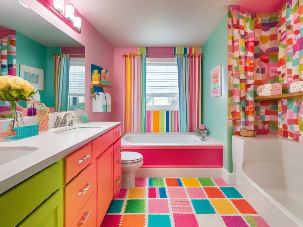 Candy Land guest bathroom features bright colors, fun shower curtains, and playful accents, creating a whimsical and inviting space for visitors.  