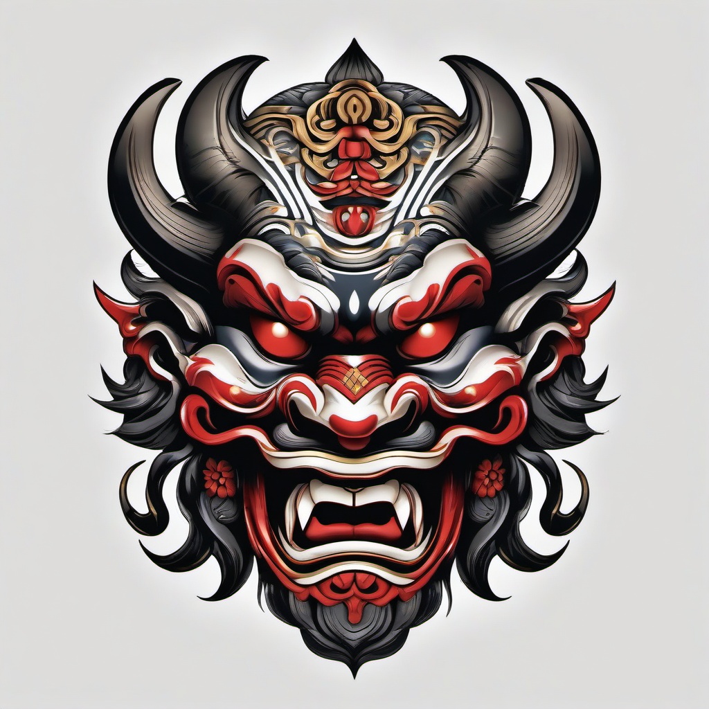 Japanese Oni Mask Tattoo-Artistic tattoo featuring a traditional Japanese Oni mask, capturing cultural richness and symbolism.  simple color tattoo,white background