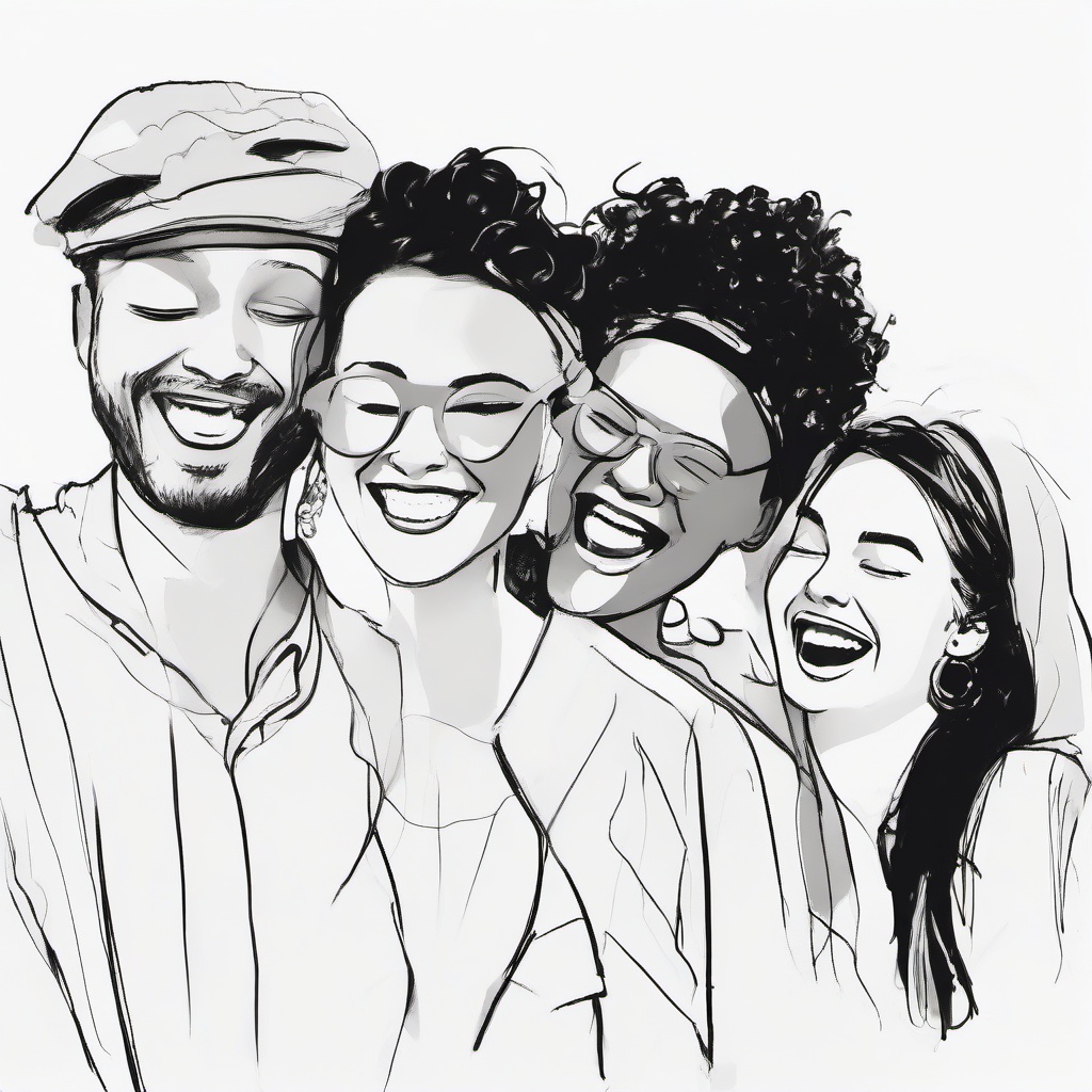 drawing of friends laughing together  minimal rough sketch scribbles,doodles,black and white