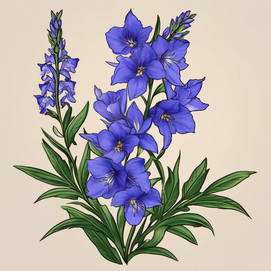 Birth Flower Tattoo for July-Expressing individuality with a birth flower tattoo for July, featuring the larkspur bloom, known for its vibrant colors and unique shape.  simple vector color tattoo