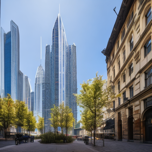 wide far angle shot from center narrow cobblestone alley with skyscrapers on left and right side with many storeys and dense detailed windows cyberpunk 8k ultra realistic 