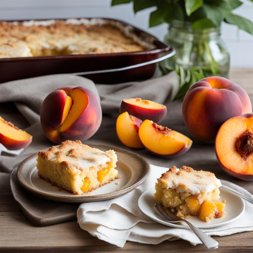 peach cobbler cake with a crumbly crust, savored at a southern-style family dinner. 