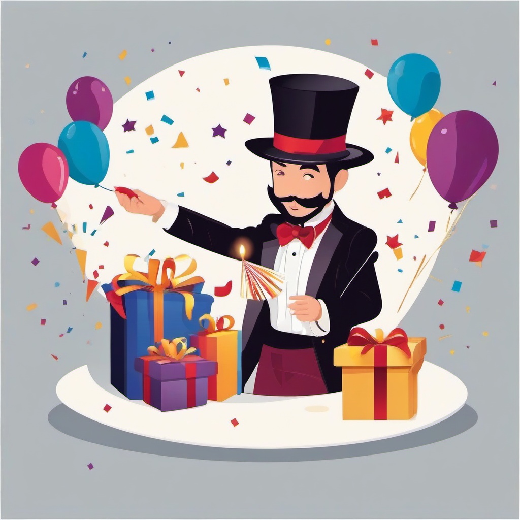 Birthday party with a magician performing tricks clipart.  vector style illustration, white background