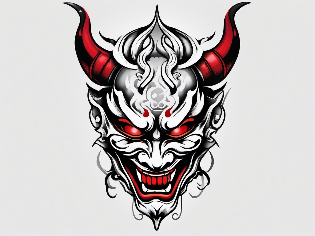 Hannya Demon Tattoo - Features the iconic Hannya mask in a bold and expressive tattoo design.  simple color tattoo,white background,minimal