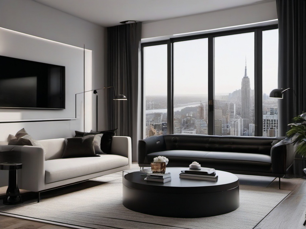 Urban Chic apartment features minimalist furniture, black and white decor, and large windows to showcase a sleek, city style.  