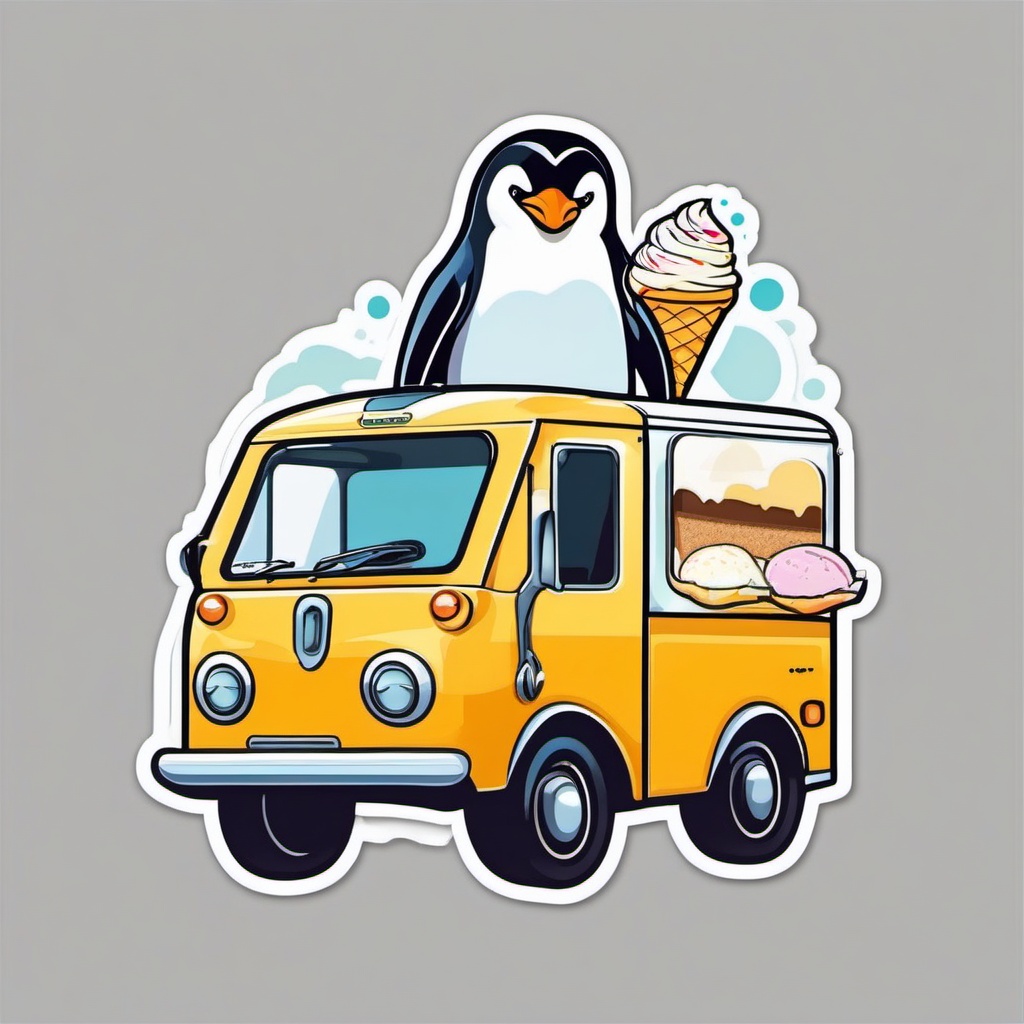 Penguin Ice Cream Truck Sticker - A penguin driving an ice cream truck, spreading joy. ,vector color sticker art,minimal