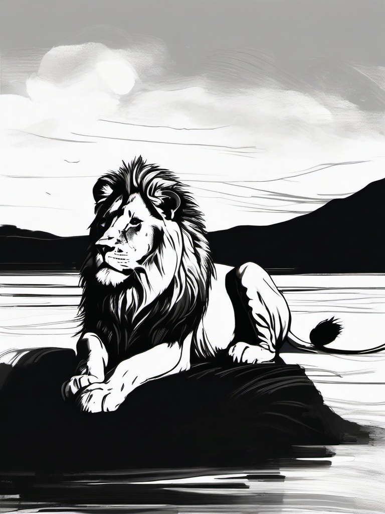 drawing of a lion in ocean shore  minimal rough sketch scribbles,doodles,black and white