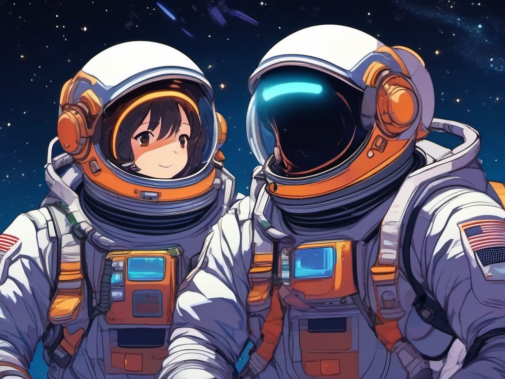 Brave anime astronaut and adventurous astronaut buddy, floating in space suits, conducting experiments in the vastness of outer space, as a matching pfp for friends. wide shot, cool anime color style