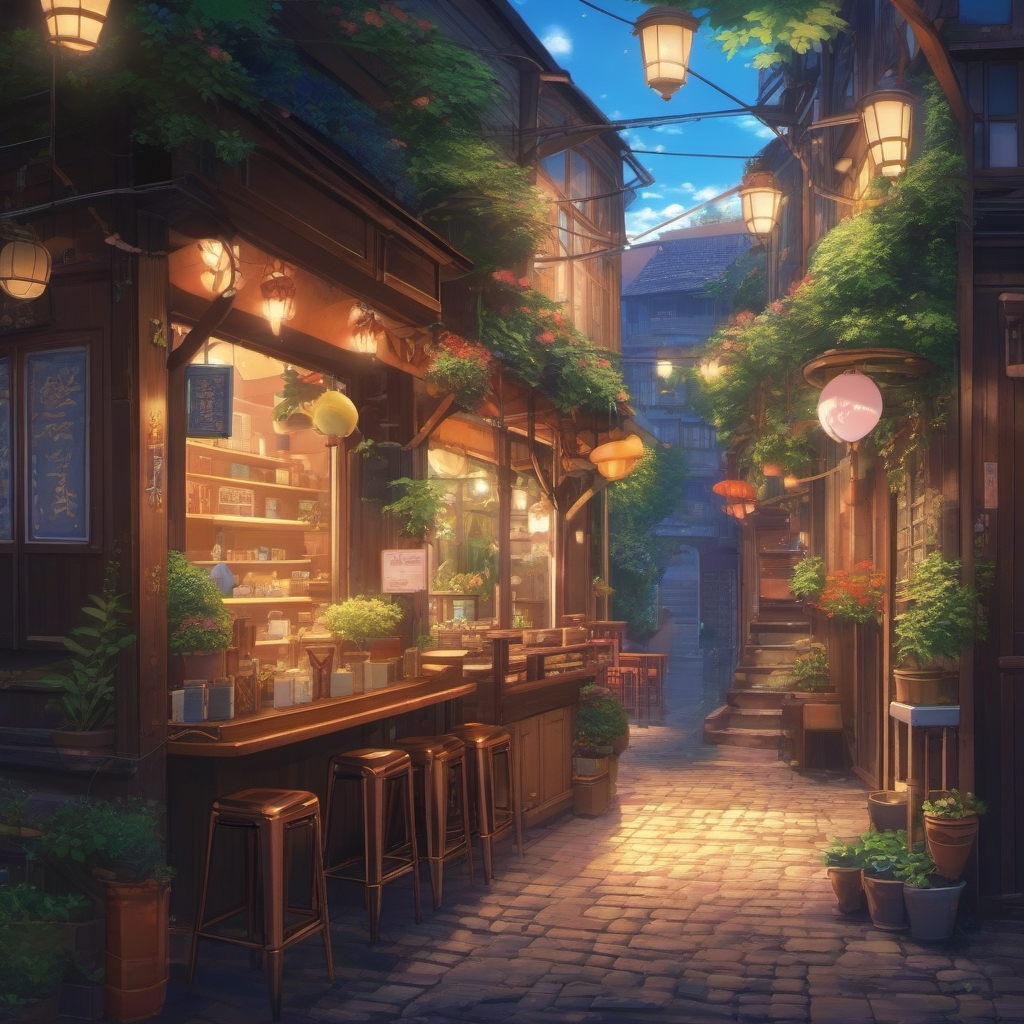 A shy anime girl stumbles upon a magical cafe in a hidden alley, where quirky companions share tales of their extraordinary adventures.  1990s anime style