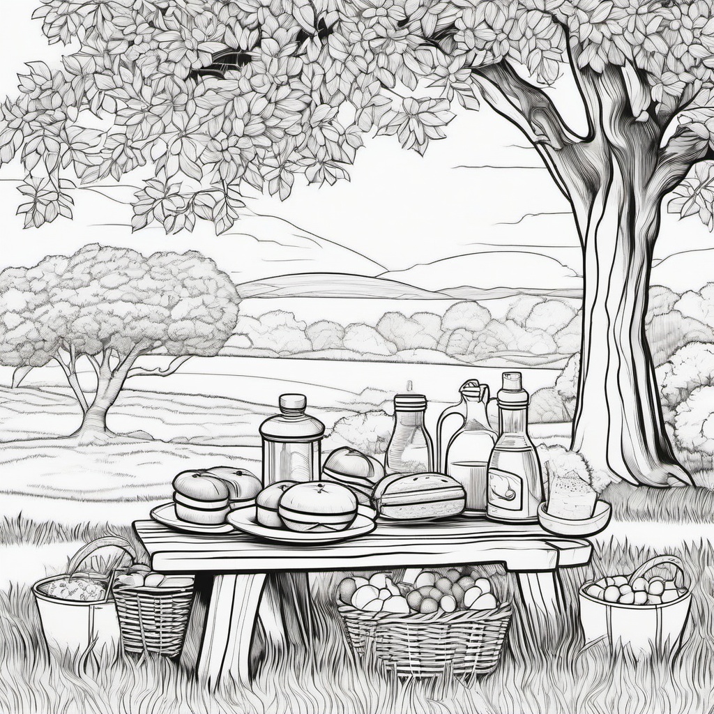 Summer Coloring Pages - Picnic scene with sandwiches, fruit, and lemonade under a tree  simple coloring pages