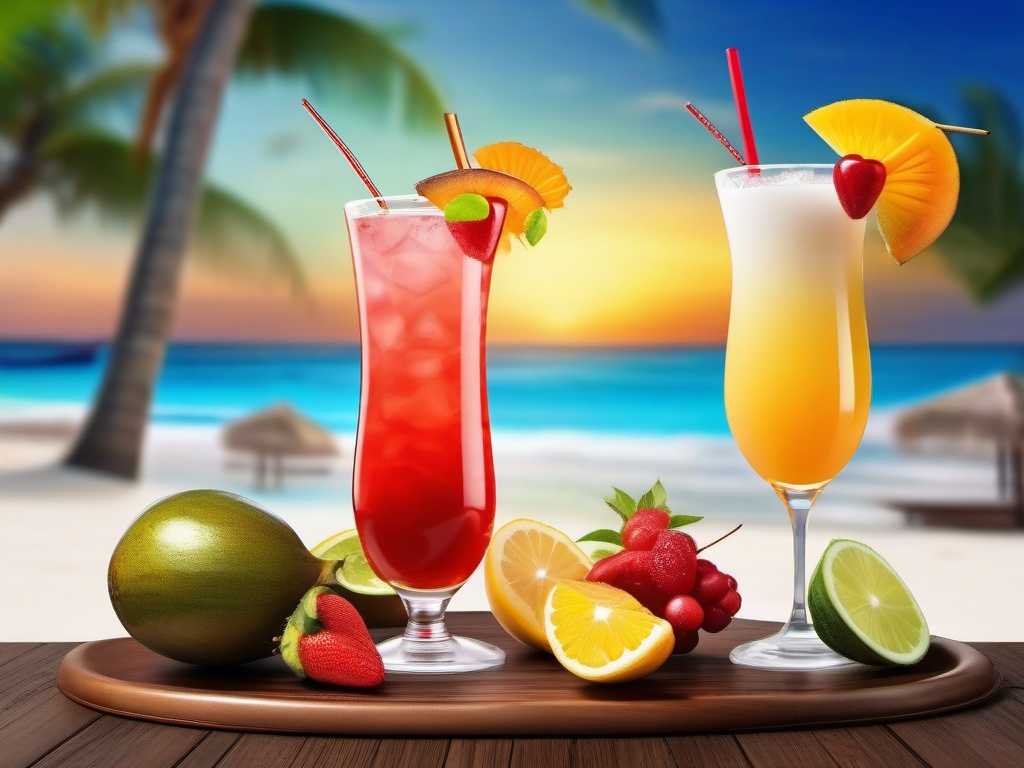 Beachside cocktails and tropical fruits close shot perspective view, photo realistic background, hyper detail, high resolution