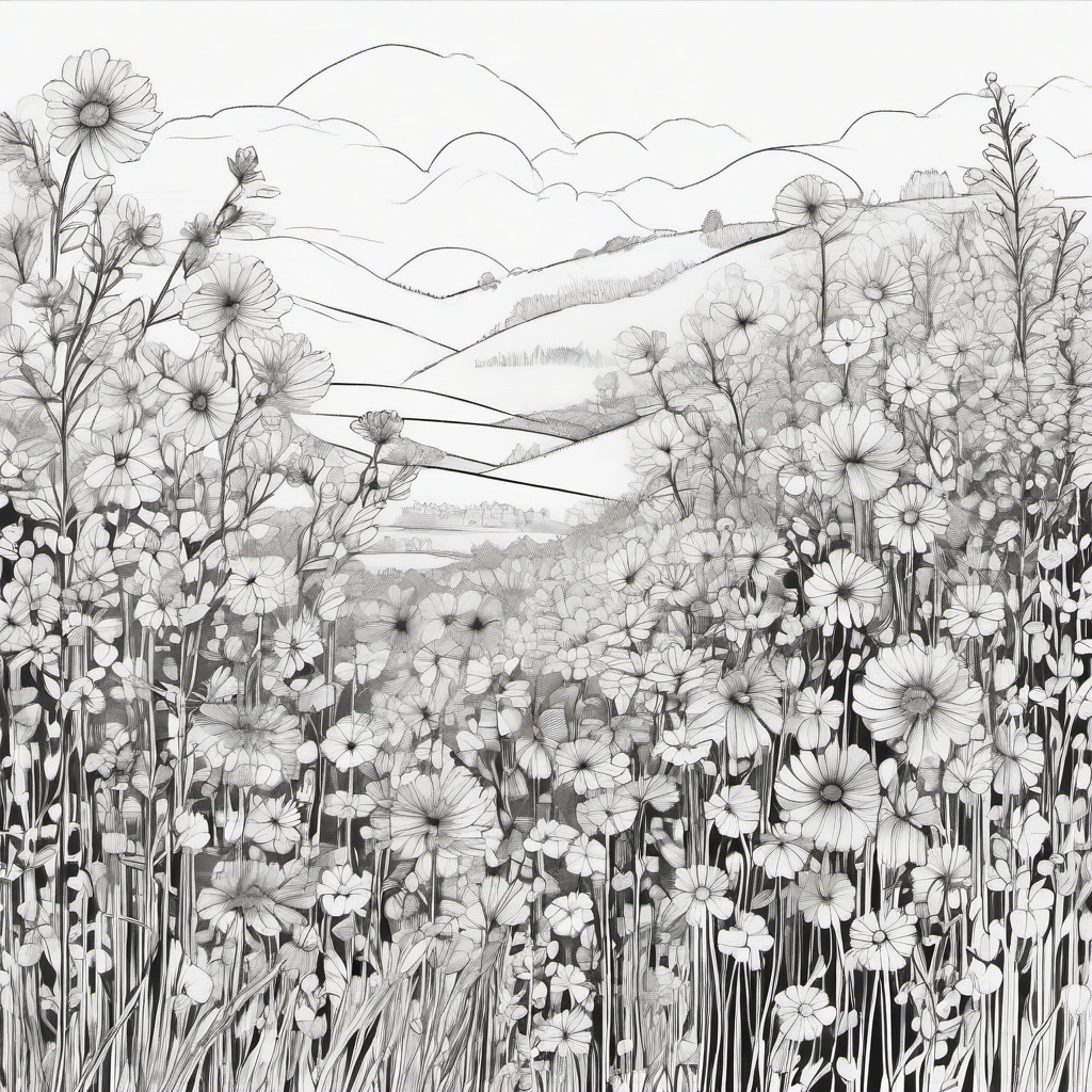 drawing of a flower garden  minimal rough sketch scribbles,doodles,black and white