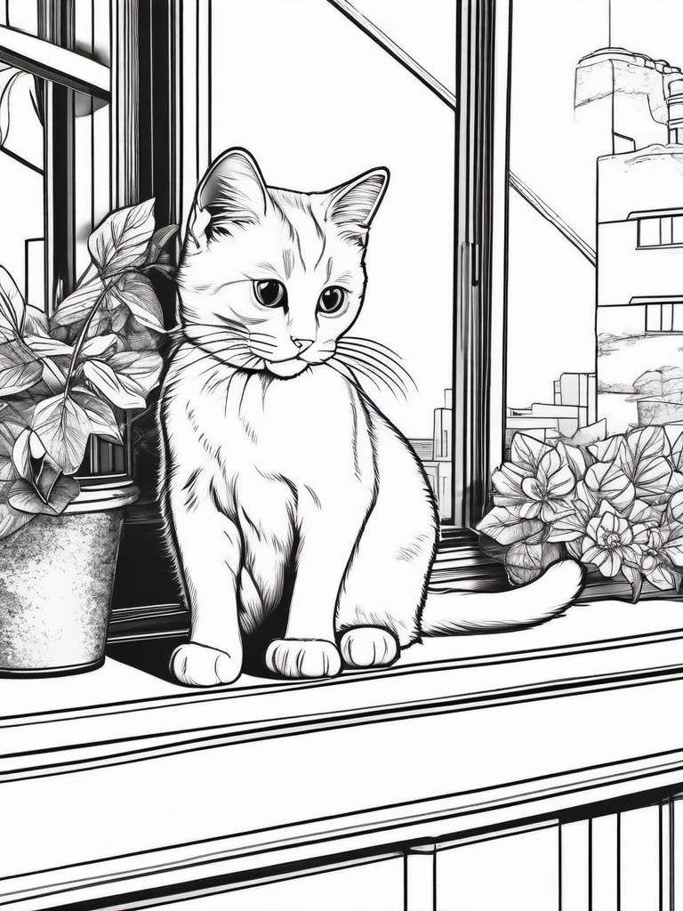 Kitty on a Window Sill Coloring Pages - Kitten Watching from a Window  minimal black outline printable sheet, coloring page