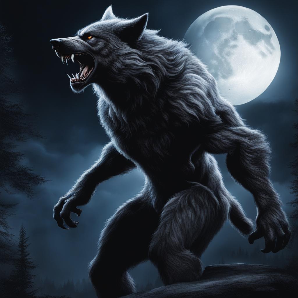 werewolf's transformation - show the dramatic transformation of a character into a fearsome werewolf under the full moon. 