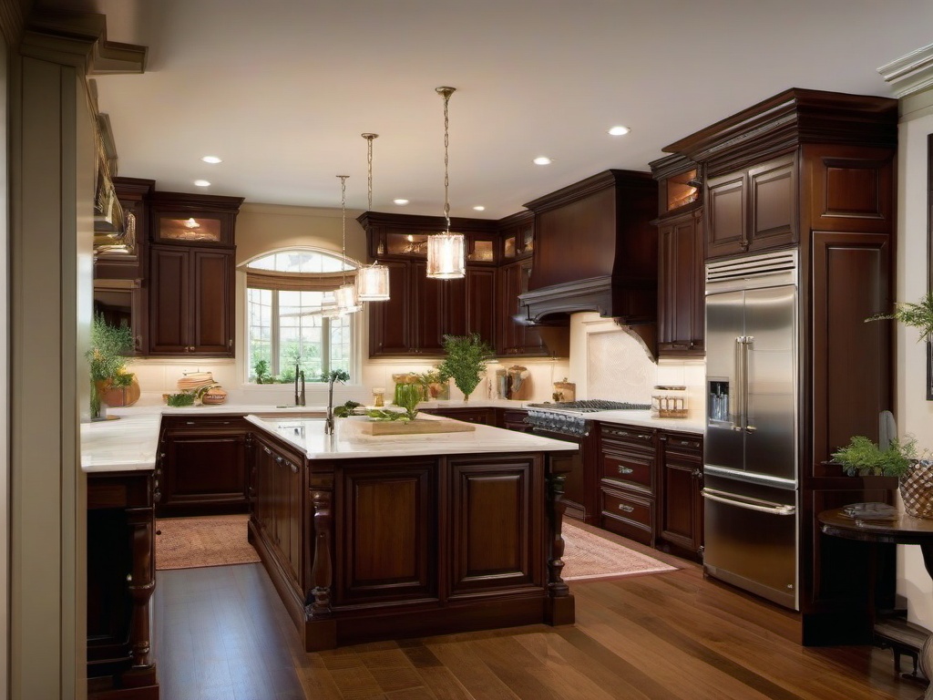 Traditional kitchen showcases classic wooden cabinets, a central island, and elegant details, providing a timeless and sophisticated cooking space.  