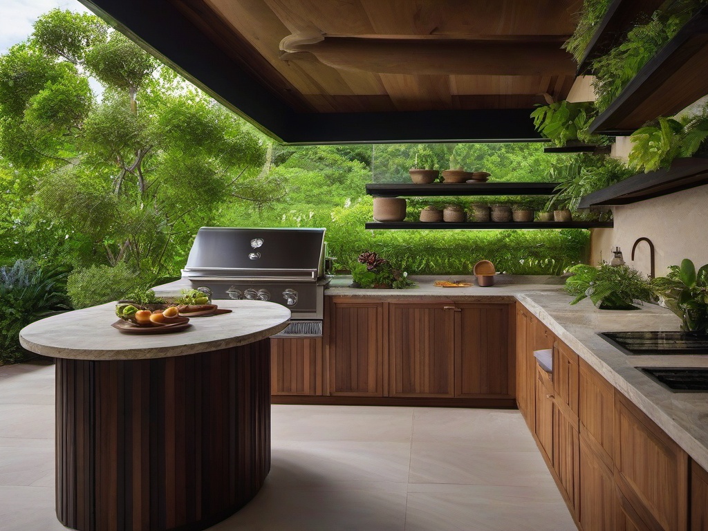 Biophilic interior design in the outdoor kitchen includes natural stone countertops, wooden cabinetry, and lush greenery, creating an inviting atmosphere for cooking and entertaining.  